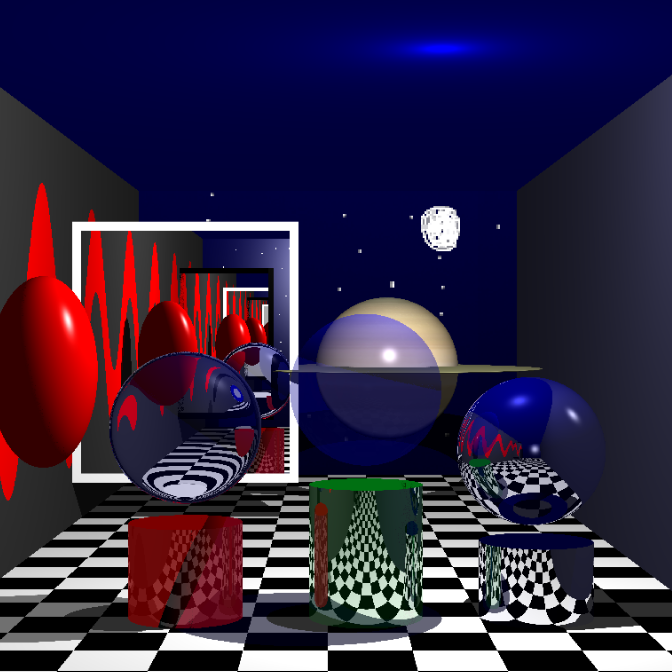 Image of finished ray tracing
                        scene with diffirent shapes and ligthitngs including reflections shadows refractions and more.